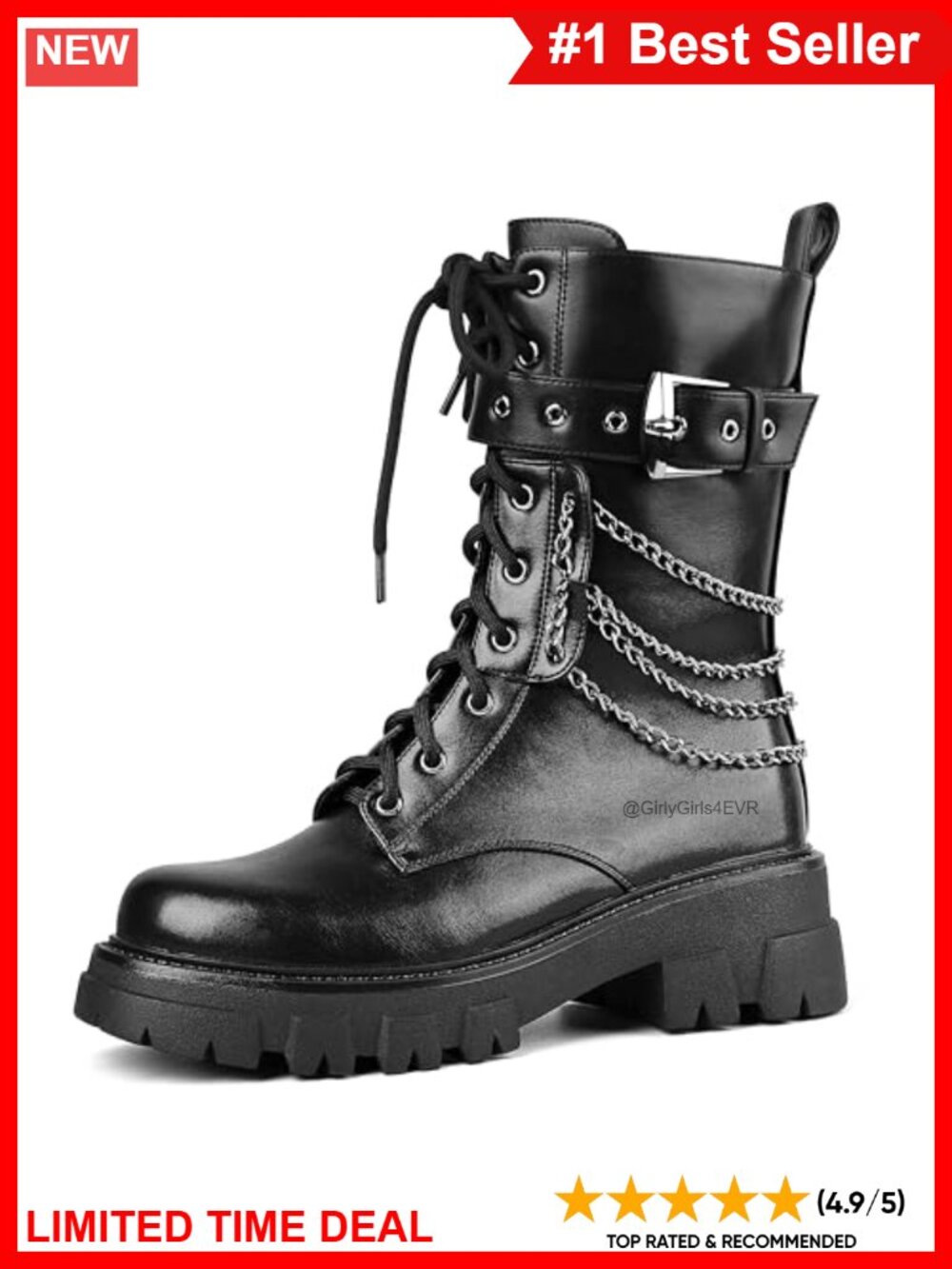 Women's Faux Leather Combat Boots with Chains Buckle Zip Ankle Boots